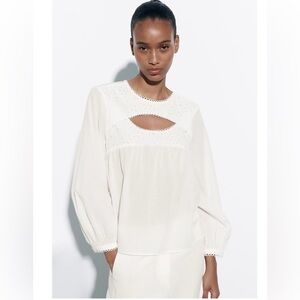 Zara Eyelet long sleeve blouse Opening detail at chest Slit Blouse White XL